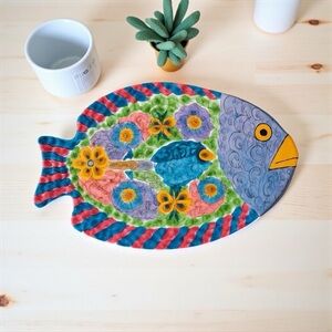 Vtg ONK Skyros Greek Hand Painted Ceramic Fish Platter –Colorful Floral Design